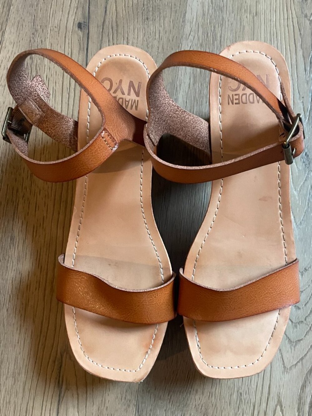 Madden NYC Lifft Platform Block Heel Sandals Tan Leather Buckle Ankle Strap 8!